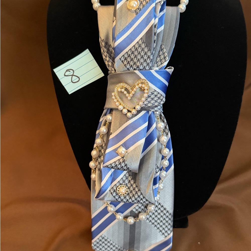 Blue and Gray Striped Decorative Tie with Pearl Heart Accent